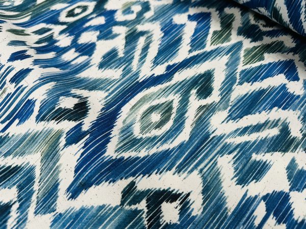 Blue & Green Ikat Floral Fan Damask Flower Fabric Geometric Paisley Cotton Material Curtains Cushion Upholstery Home Decor - 110"/280cm Wide - Image 3