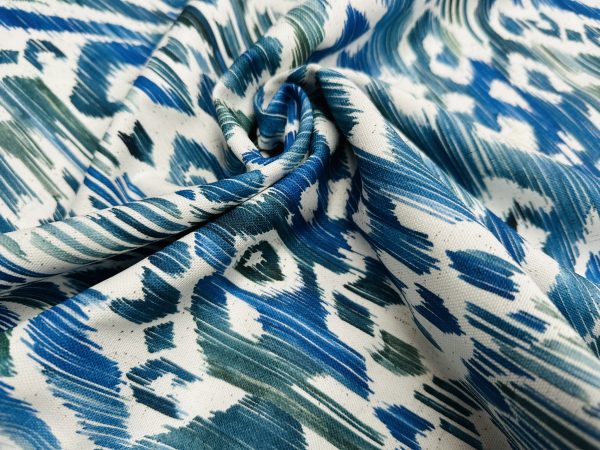 Blue & Green Ikat Floral Fan Damask Flower Fabric Geometric Paisley Cotton Material Curtains Cushion Upholstery Home Decor - 110"/280cm Wide - Image 2